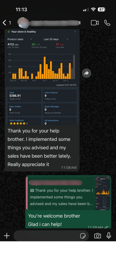 WhatsApp message from a US Amazon seller we run an account for