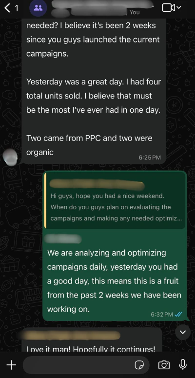 WhatsApp message from a US Amazon seller we run an account for