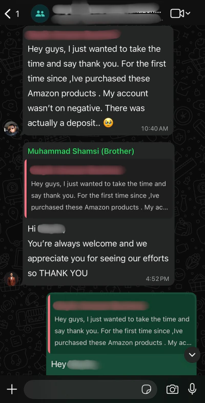 WhatsApp message from a US Amazon seller we run an account for