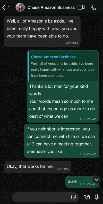 WhatsApp message from a US Amazon seller we run an account for