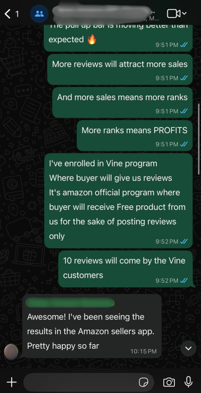 WhatsApp message from a US Amazon seller we run an account for