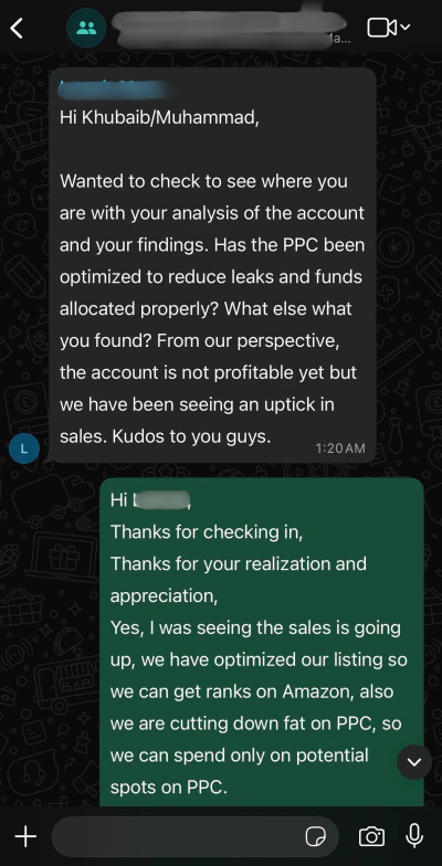 WhatsApp message from a US Amazon seller we run an account for