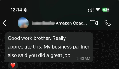 WhatsApp message from a US Amazon seller we run an account for