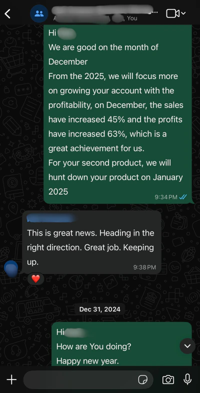 WhatsApp message from a US Amazon seller we run an account for