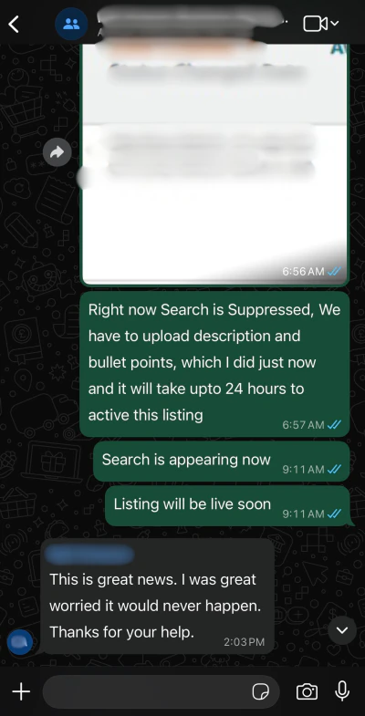 WhatsApp message from a US Amazon seller we run an account for