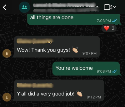 WhatsApp message from a US Amazon seller we run an account for