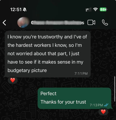 WhatsApp message from a US Amazon seller we run an account for