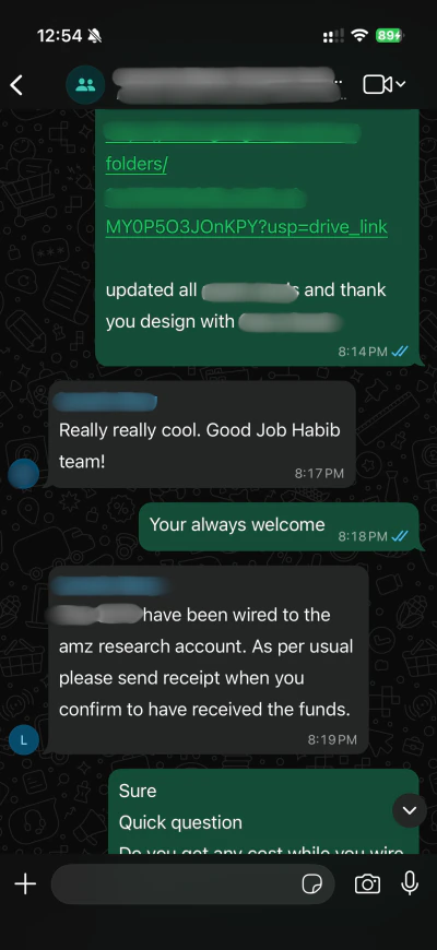 WhatsApp message from a US Amazon seller we run an account for