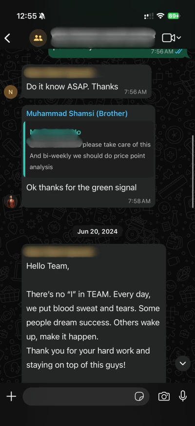 WhatsApp message from a US Amazon seller we run an account for
