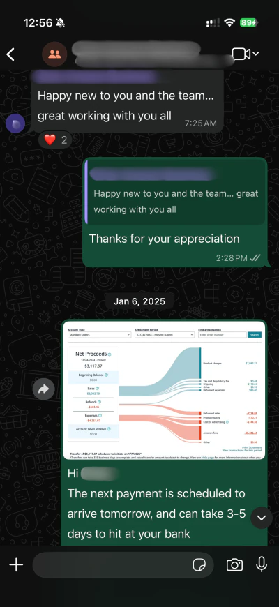 WhatsApp message from a US Amazon seller we run an account for