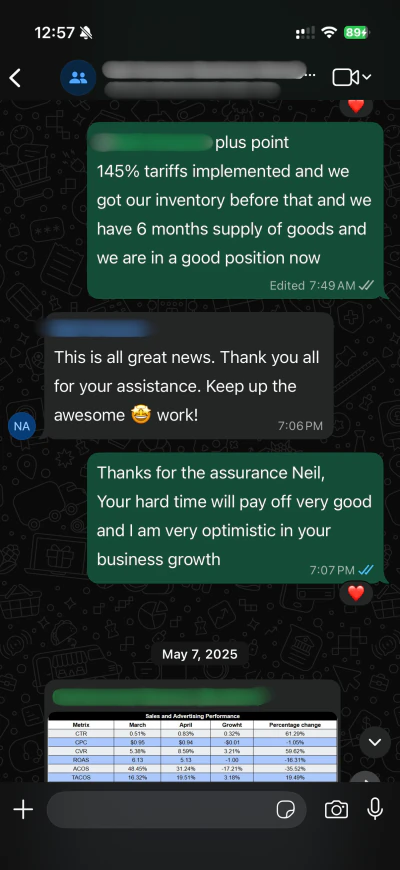 WhatsApp message from a US Amazon seller we run an account for